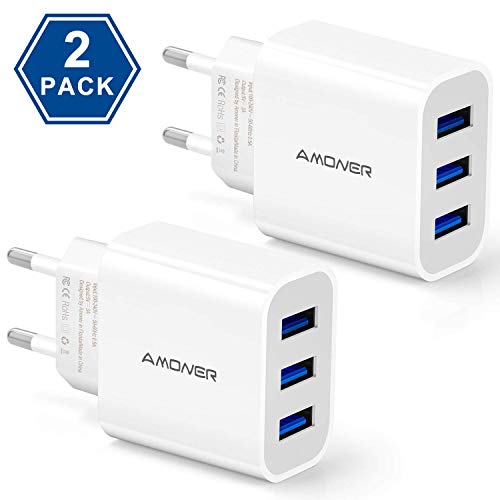 Amoner 2[Pack] Caricatore USB da Muro a 3 porte (5V 3A Max) Adattatore USB universale supporta quasi tutti Dispositivi.(Bianco)
