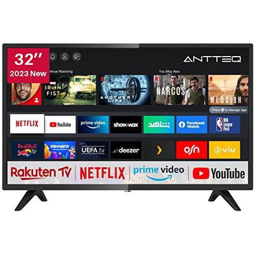 Antteq AV32H3 Smart TV 32 pollici (80 cm) Televisore con Netflix, Prime Video, Rakuten TV, DAZN, Disney+, Youtube, UVM, Wifi, triplo sintonizzatore DVB-T2 S2 C, Dolby Audio