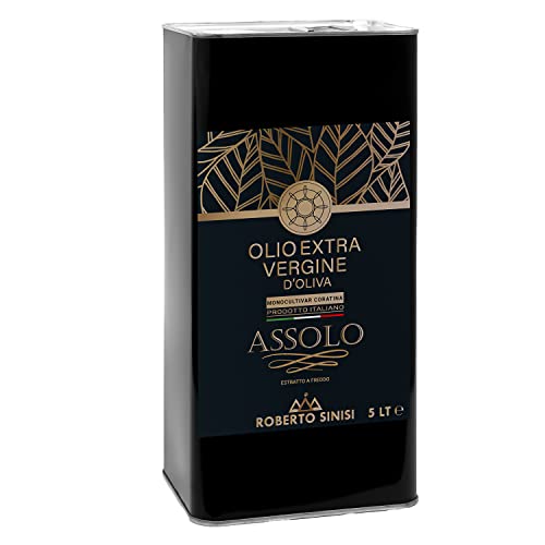 ASSOLO, Olio extravergine di oliva italiano, 5 litri, 100% monocultivar coratina estratto a freddo. Olio evo nutraceutico e sano. ricco di polifenoli