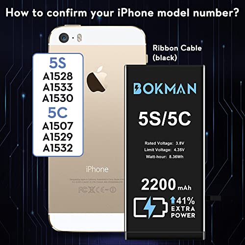 Batteria per iPhone 5S 5C, bokman 2200mAh Aumentata del 41% Li-ion ...