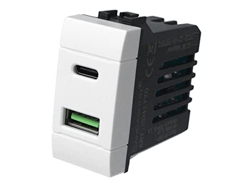 Caricatore USB C 3.1A 5V, Compatibile Con Bticino Living, 2 in 1, Presa USB-A + USB Tipo C, Ricarica Veloce (Bianco)