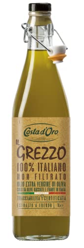 Costa d Oro – Il Grezzo 1L. Olio extravergine di oliva non filtrato 100% italiano. Estratto a freddo subito dopo il raccolto, ricco di vitamine e antiossidanti naturali. Bottiglia da 1 litro.