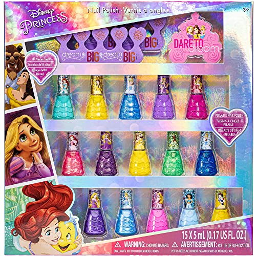 Disney Princess - Townley Girl Smalto per unghie ad asciugatura rapida a base d acqua peel-off non tossico| Set di kit regalo per bambini e bambine| Colori brillanti e opachi| Età 3+ (18 pezzi)