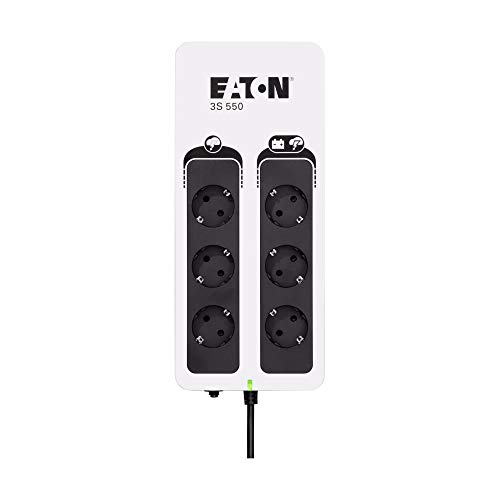 Eaton UPS 3S 550 DIN - Off-Line UPS - Gruppo di continuità (UPS) - 550VA (6 prese DIN, Limitatore di Sovratensione, Silenziatore) - Interfaccia USB (cavo incluso) - 3550D - Nero e Bianco