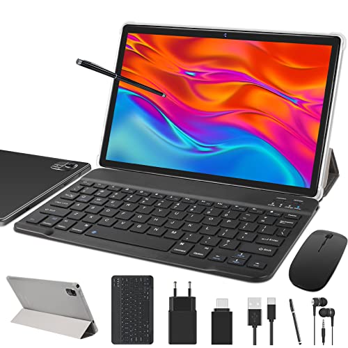 FACETEL Tablet 10 Pollici Android 11 Tablet con Octa-Core 1.6 GHz, 4 GB + 64 GB (TF 128GB) | Batteria 8000mAh | FHD | 5 MP + 8 MP | Bluetooth | Tablet con Tastiera e Penna e Mouse - Nero