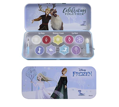 Frozen Adventure Lip & Face Tin, Astuccio Colorato di Frozen con 9 Tonalità di Colore e 2 Applicatori per Labbra e Viso, Divertente Kit Makeup, Accessori Colorati, Giocattoli e Regali per Bambini