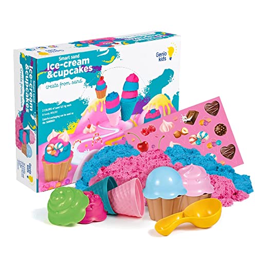 GenioKids Sabbia cinetica bambini 1kg, Set sabbia cinetica colorata bambini in 2 colori rosa e blu, Sabbia magica per banbini con formine сoni gelato giocattolo e formine cupcakes. Regalo bambini