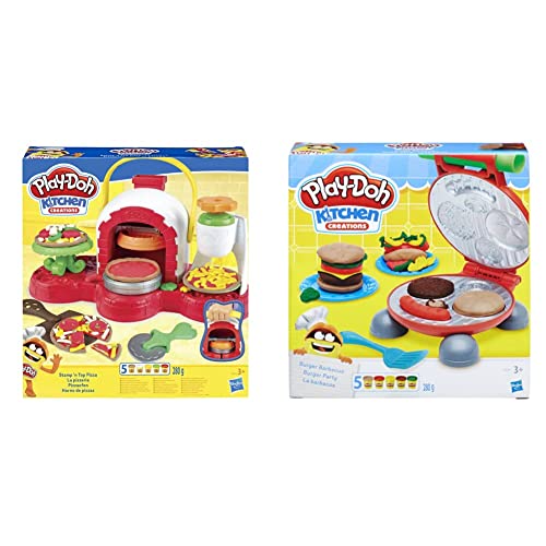 Hasbro Play-Doh La Pizzeria, Play Set con 5 Vasetti di Pasta da Modellare, Multicolore, E4576Eu4 & Play-Doh B5521Eu6 Kitchen Creations Il Burger Set, Colore, 0816B5521Eu6