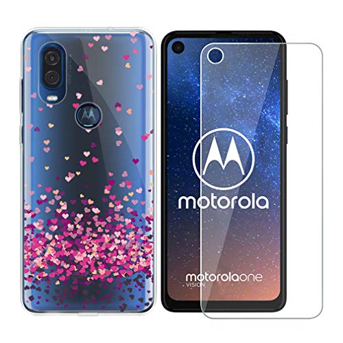 HHUAN Custodia per Motorola Moto One Vision Trasparente Cover Ultra Morbida Silicone TPU Cuore Rosso Bumper Case + Pellicola Protettiva in Vetro Temperato per Moto One Vision (6.3 )