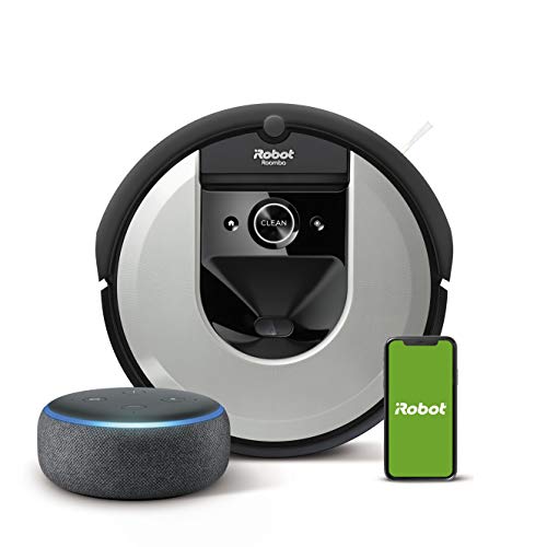 iRobot Roomba i7156 Robot Aspirapolvere, spazzole in gomma, adatto per peli di Animali domestici, WiFi, programmabile con app + Echo Dot (3ª gen) Altoparlante intelligente con Alexa integrato, argento