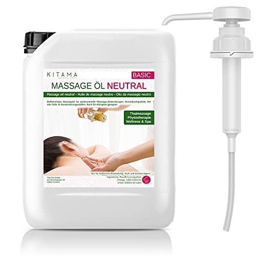 Kitama - Olio per massaggi neutro, 5 litri con pompa di sollevamento DIN 45, olio professionale per fisioterapia, massaggio, tonificante, senza coloranti e conservanti