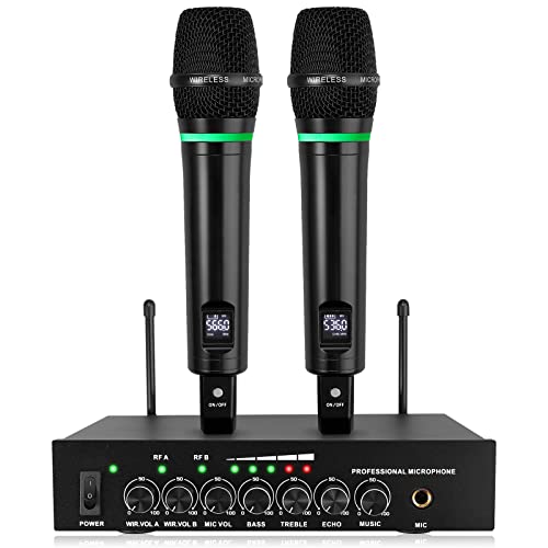 LiNKFOR Microfono Professionale con 2 Microfoni UHF Sistema di Microfono Cordless Doppio Ricaricabile Microfono Senza Fili Bluetooth con Cavo di Ricarica per Karaoke Festa Spettacolo Bar Riunione DJ