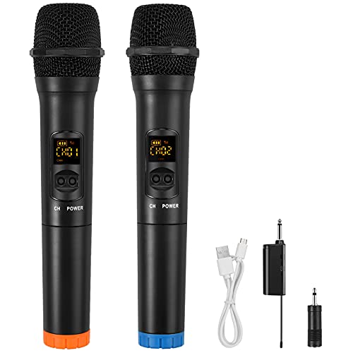 LiNKFOR Wireless Microphone Set Ricaricabile con LED Display Sistema a Doppio Microfono Dinamico Wireless UHF Portabile con Ricevitore Microfono Senza Fili con Spugna per Microfono per Canto Karaoke
