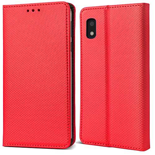 Moozy Cover per Samsung A10, Rosso - Custodia a Libro Flip Smart Magnetica con Appoggio e Porta Carte