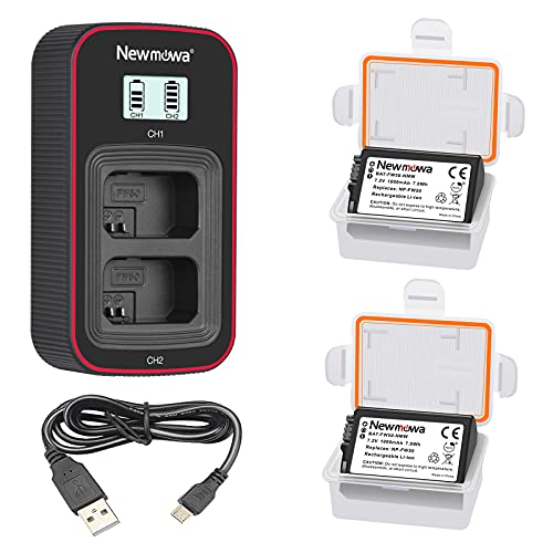 Newmowa NP-FW50 Batteria di ricambio (confezione da 2) e display LCD intelligente Caricatore doppio USB per Sony FW50 e Sony a6000,a6100,a6300,Alpha a3000,Alpha a5000,ZV-E10