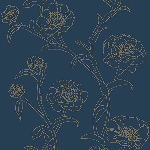 Okydoky 44 x 300 cm, carta da parati floreale blu scuro e oro, impermeabile, decorativa, autoadesiva, per decorazione di casa e ufficio (18073-3).DE