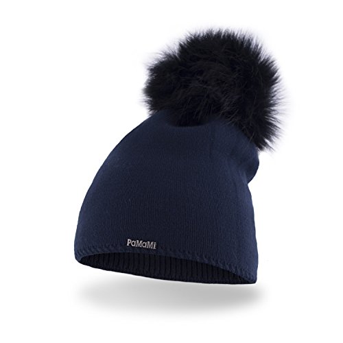 PaMaMi 17504 - Morbido e caldo berretto invernale da donna, lavorato a maglia, con pompon in pelliccia e interno in pile, diversi colori, Blu scuro, Universale