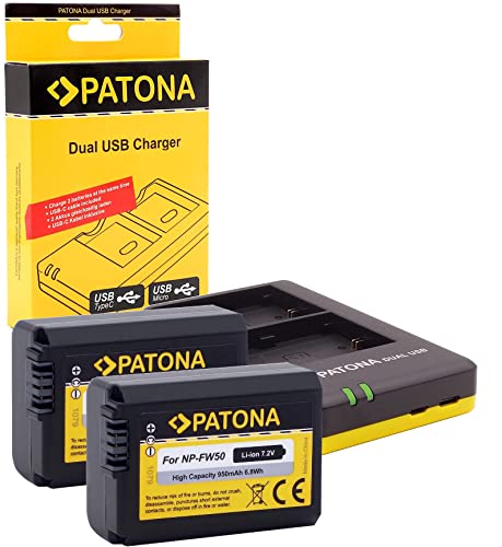 PATONA 2x Batteria NP-FW50 (950mAh reali) con doppio caricatore USB 1964 per Sony ZV-E10 ILCE Alpha 5100 6000 6100 6300 6500   A55 A33 A35 A37   7 7II 7S   NEX DSC RX10  ecc.