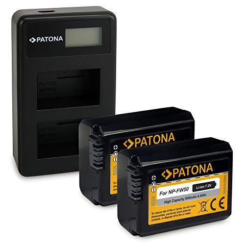 PATONA Caricabatteria Doppio LCD con 2x NP-FW50 Batteria Compatibile con Sony NEX-5, NEX-6, NEX-7, DSC-RX10, A35, A55