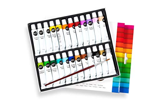 perfect ideaz Kit di Colore Acrilico colorato con 24 Tubi da 12 ml, con Pennello, 22 Diversi Colori da Pittura creativi, Elevata Percentuale di pigmenti, Altamente Coprente & ad Asciugatura Rapida