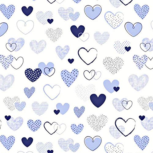 Pingianer - Tessuto, 100% cotone, motivo cuori, adatto per bambini, vendita al metro, per lavori di cucito artigianali (coniglio, luna, cuore, bianco), (cuore, bianco e blu, 100 x 160 cm)