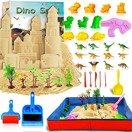 Sabbia Modellabile Magica 2 lbs di Sabbia Naturale, 39 accessori include dinosauro, Stand per Gli stampi, alberi, strumenti di pulizia e pieghevole scatolo di Sabbia per Bambini
