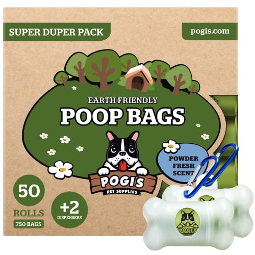 Sacchettini per pupù Pogi - 50 rotoli (750 sacchettini) + 2 distributori - grandi, biodegradabili, profumati, sacchetti per bisogni dei cani