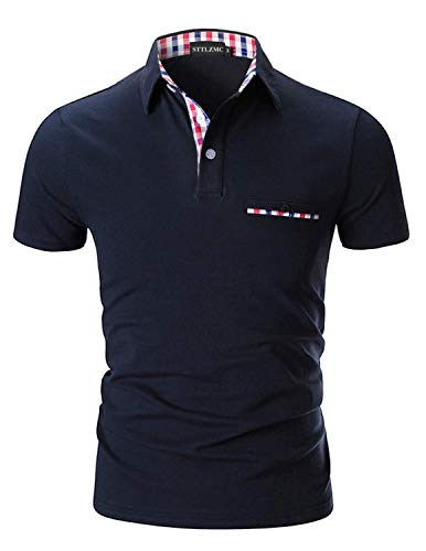 STTLZMC Moda Polo Uomo Manica Corta con Plaid Cotone T-Shirt Tops Tennis,Blu,L