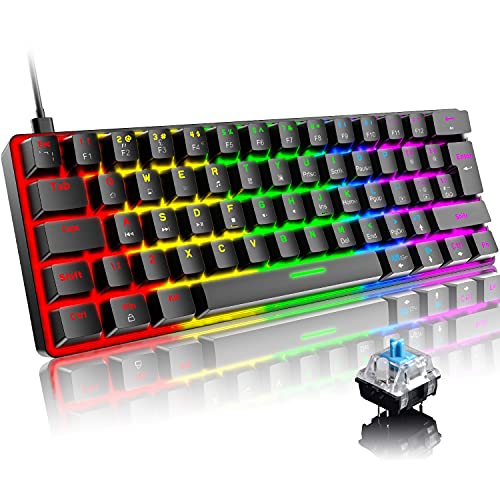 Tastiera da gioco meccanica al 60%, Tastiera Gaming Cablata Type-C, Mini Compact 62 Tasti, 19 RGB Rainbow Chroma Retroilluminato, Blue Switch Mechanical Keyboard per PC Laptop Mac PS4 XBOX-Nero