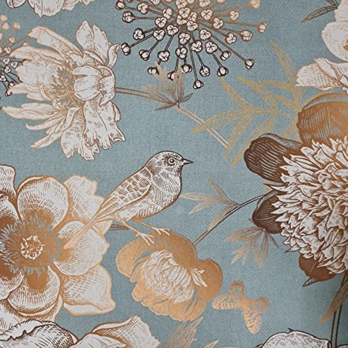 Tessuto di cotone al metro con fiori e uccelli Palazzo, in ottone celadon, stampa digitale