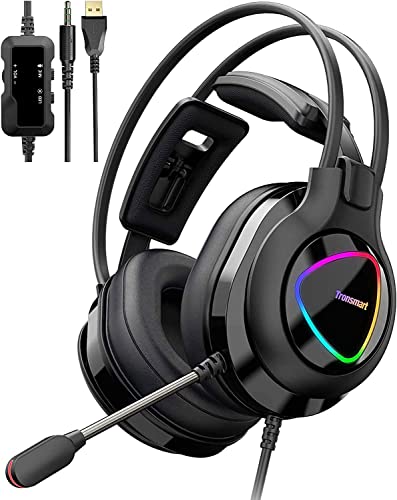 Tronsmart - Cuffie da gioco per PC, con driver HD da 50 mm, con microfono, illuminazione RGB, con controllo in linea, riduzione del rumore, Black, One Size