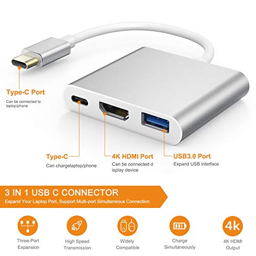 USB C a HDMI 4K, 3 in 1 Adattatore tipo C con 4K HDMI  USB 3.0 e po...