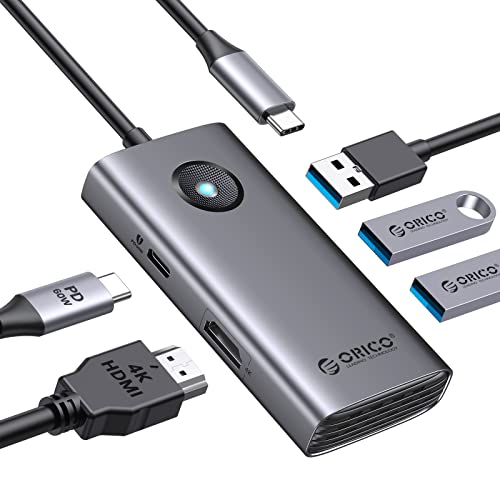 USB C HUB, ORICO 5 in 1 USB C Docking Station con 4K HDMI, consegna di potenza da 60 W, USB 3.0 5 Gbps e 2 porte di dati USB 2.0 USB C dock per MacBook Air, MacBook Pro, XPS e altro Grigio)