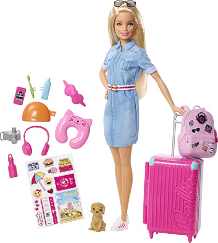 Barbie Set da Viaggio - Bambola con Valigia Apribile e Cucciolo - A...